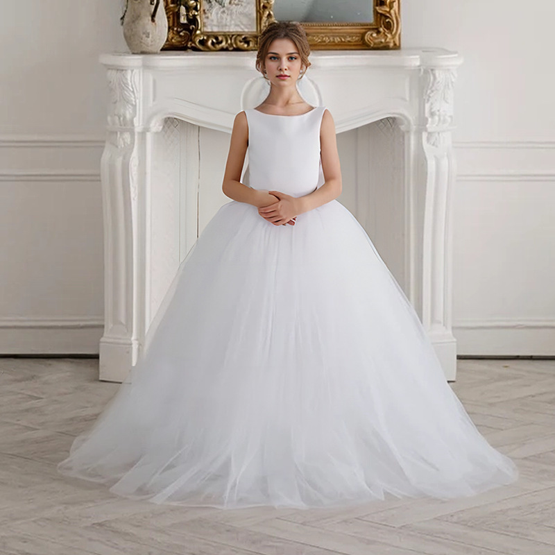 青少女白色蓬蓬紗表演禮服裙