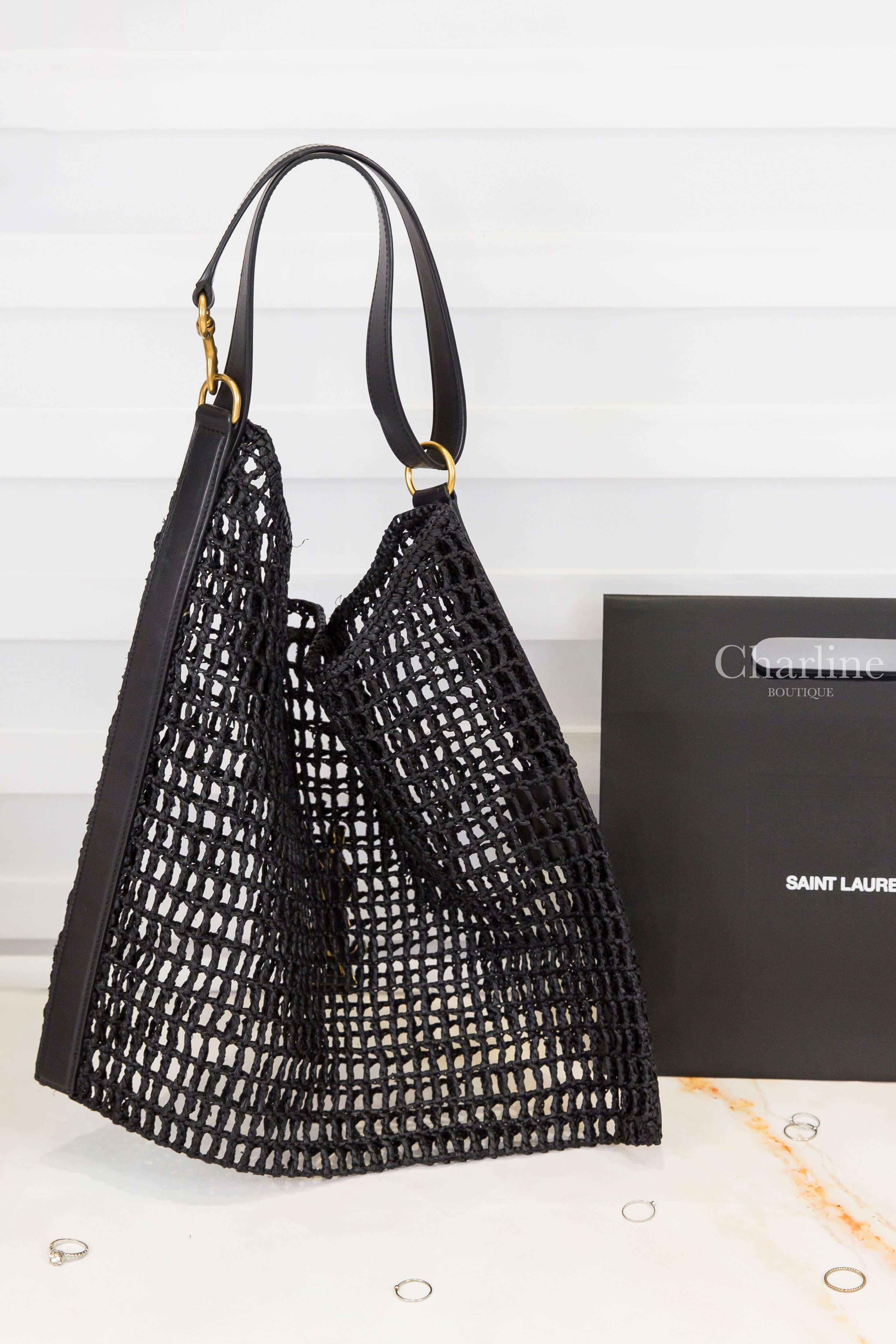 Saint Laurent Oxalis In Raffia 黑色編織金色金屬立體字母皮革背帶草編手提肩背包-Charline Boutique 精品代購