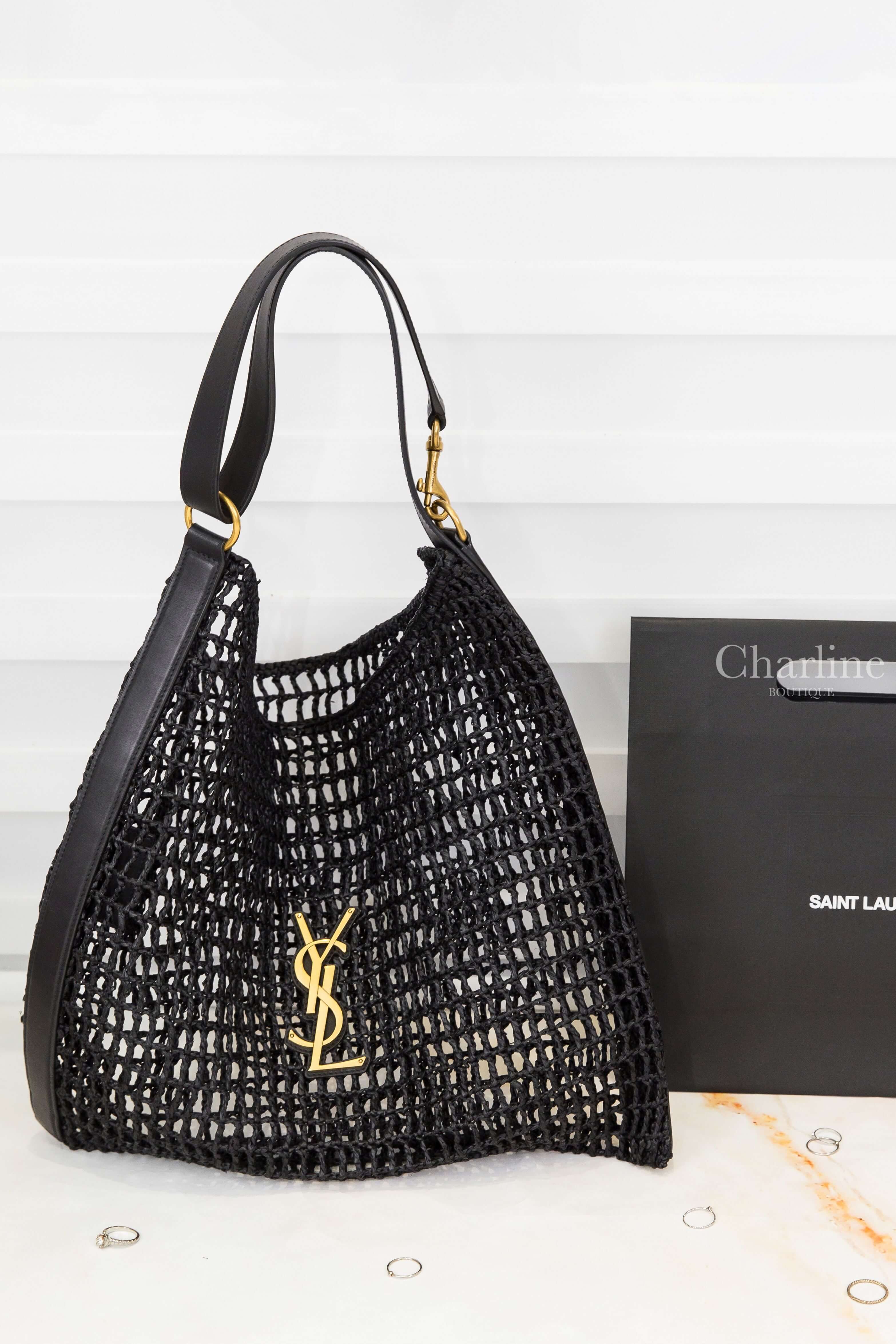 Saint Laurent Oxalis In Raffia 黑色編織金色金屬立體字母皮革背帶草編手提肩背包-Charline Boutique 精品代購