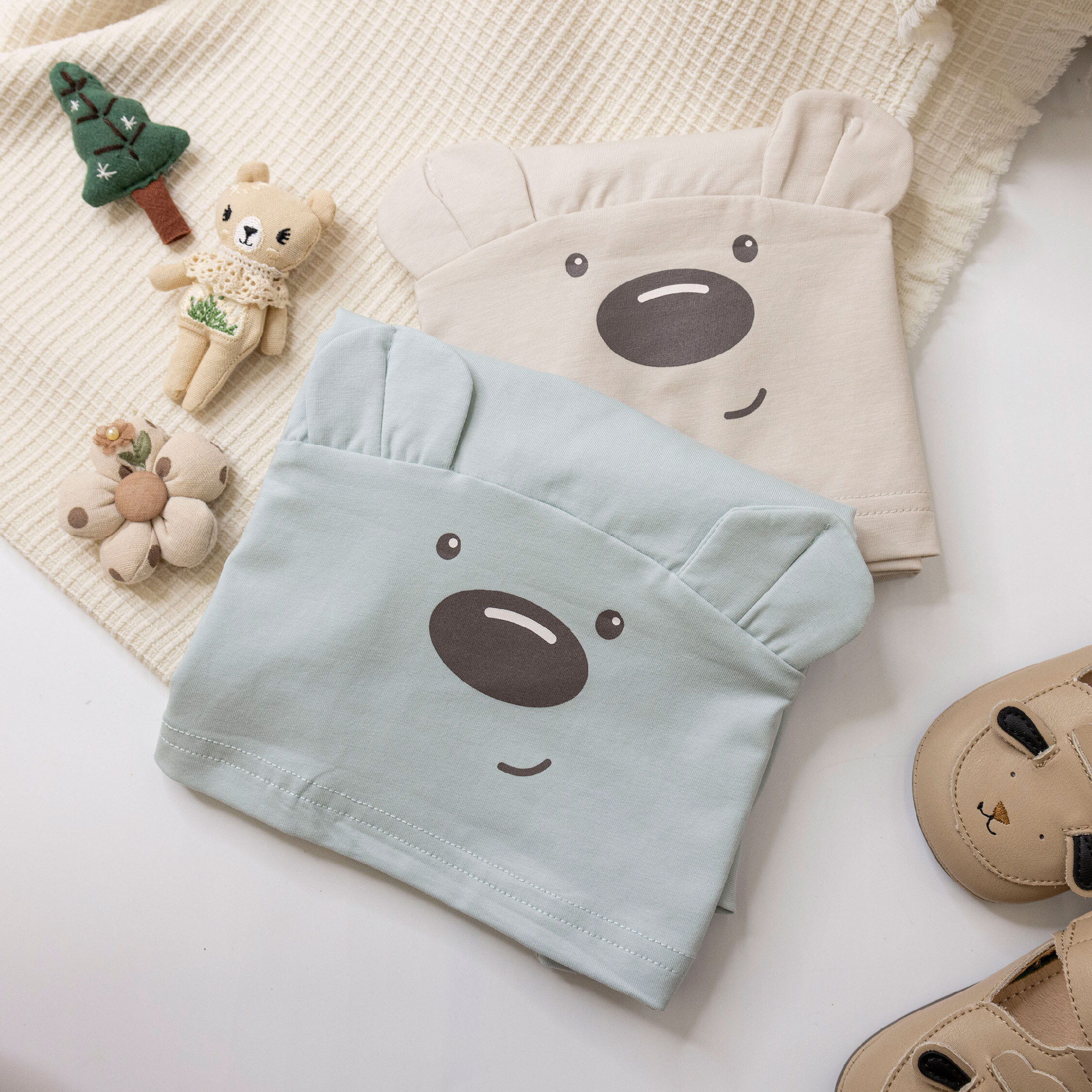 【H50246】童趣小熊立體耳朵圓領上衣/短T＊二色