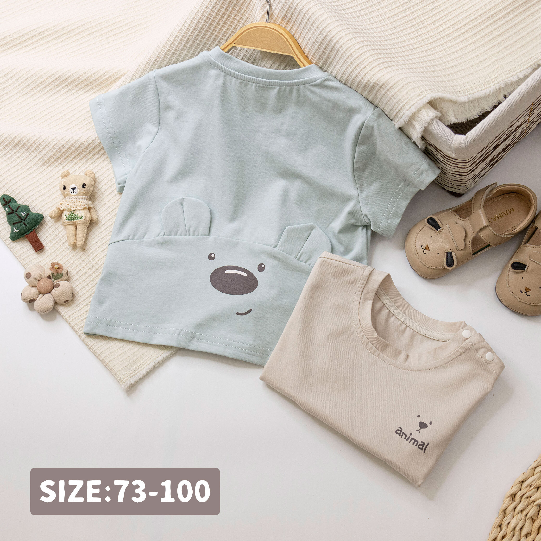 【H50246】童趣小熊立體耳朵圓領上衣/短T＊二色