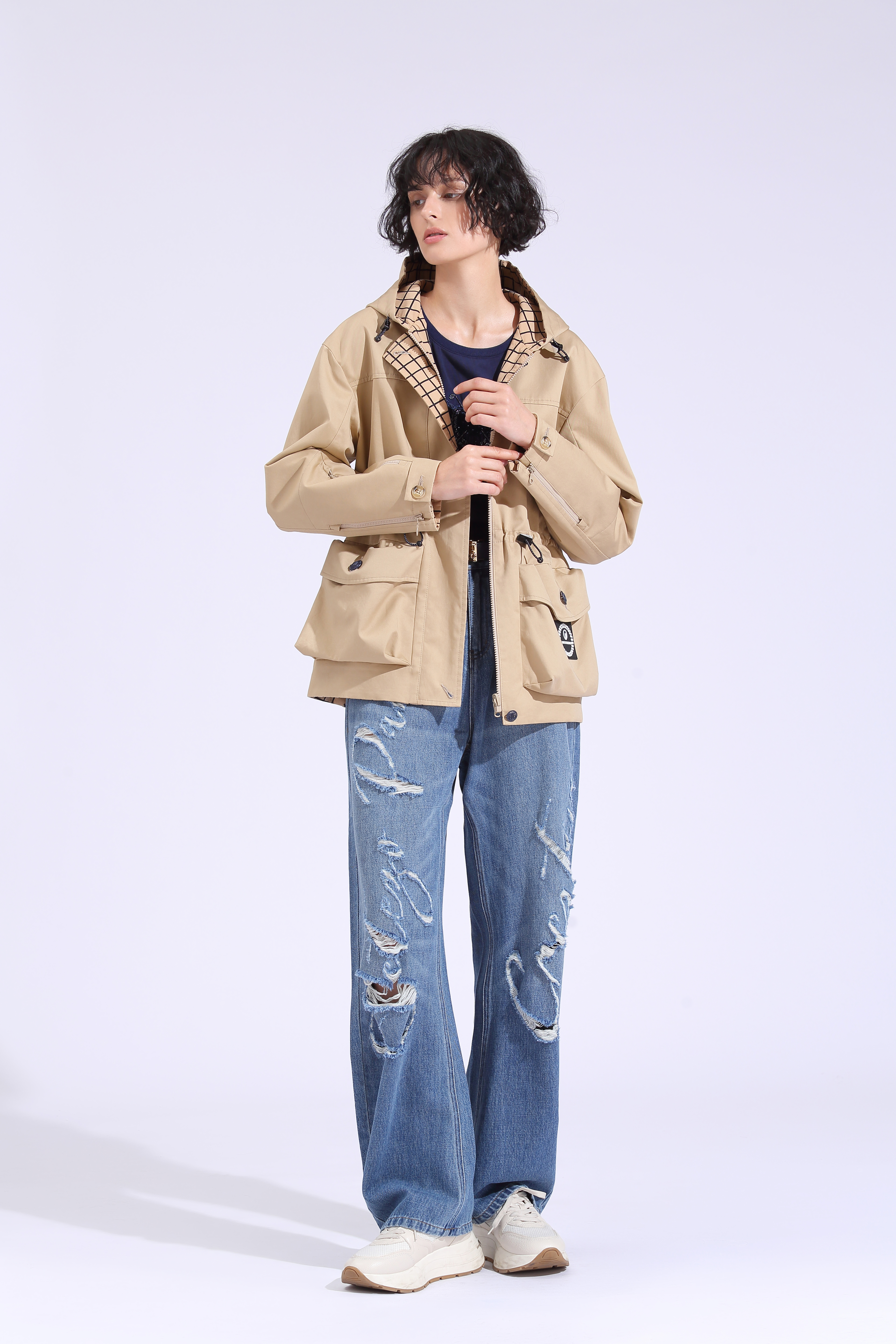 BE10029D1 柚木方格雙面海軍帕卡外套