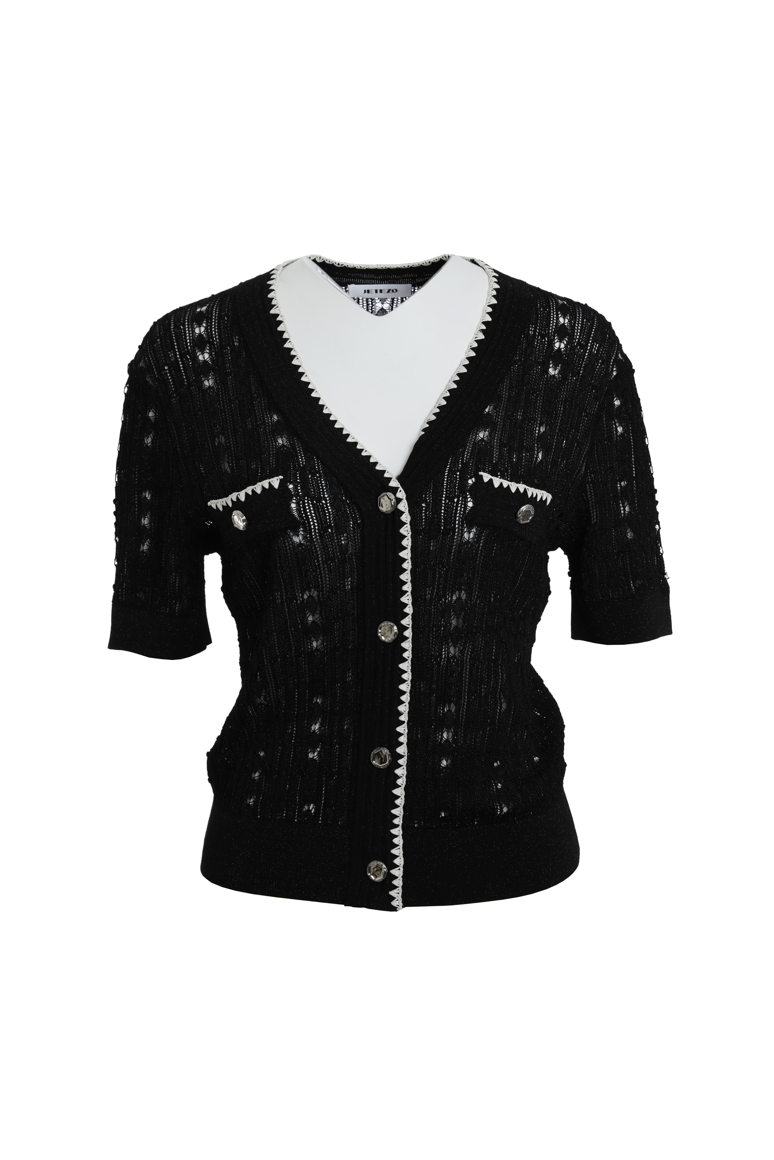 BE10215D1 人絲條狀空花小香線衫