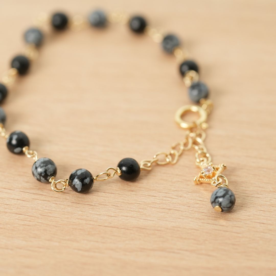 全人手手工繞線手鍊 • 雪花黑曜石