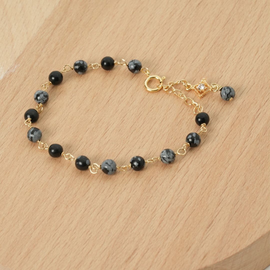 全人手手工繞線手鍊 • 雪花黑曜石