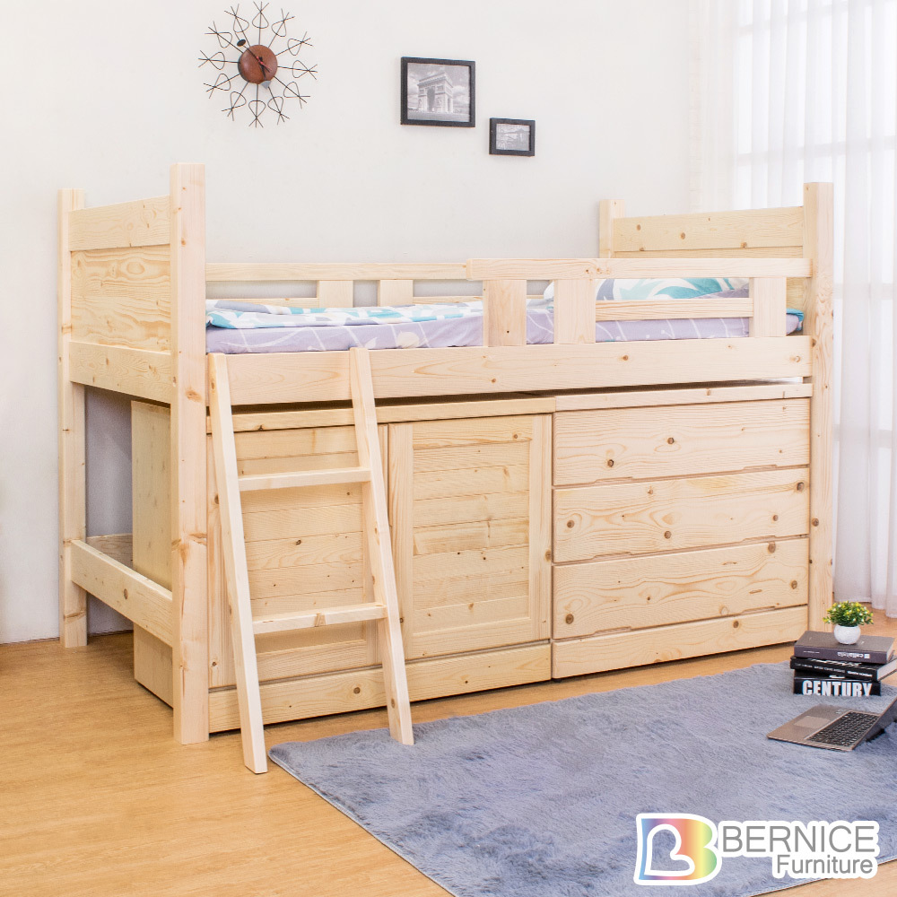 松木多功能雙層/高層床組(床架+斗櫃+衣櫃)