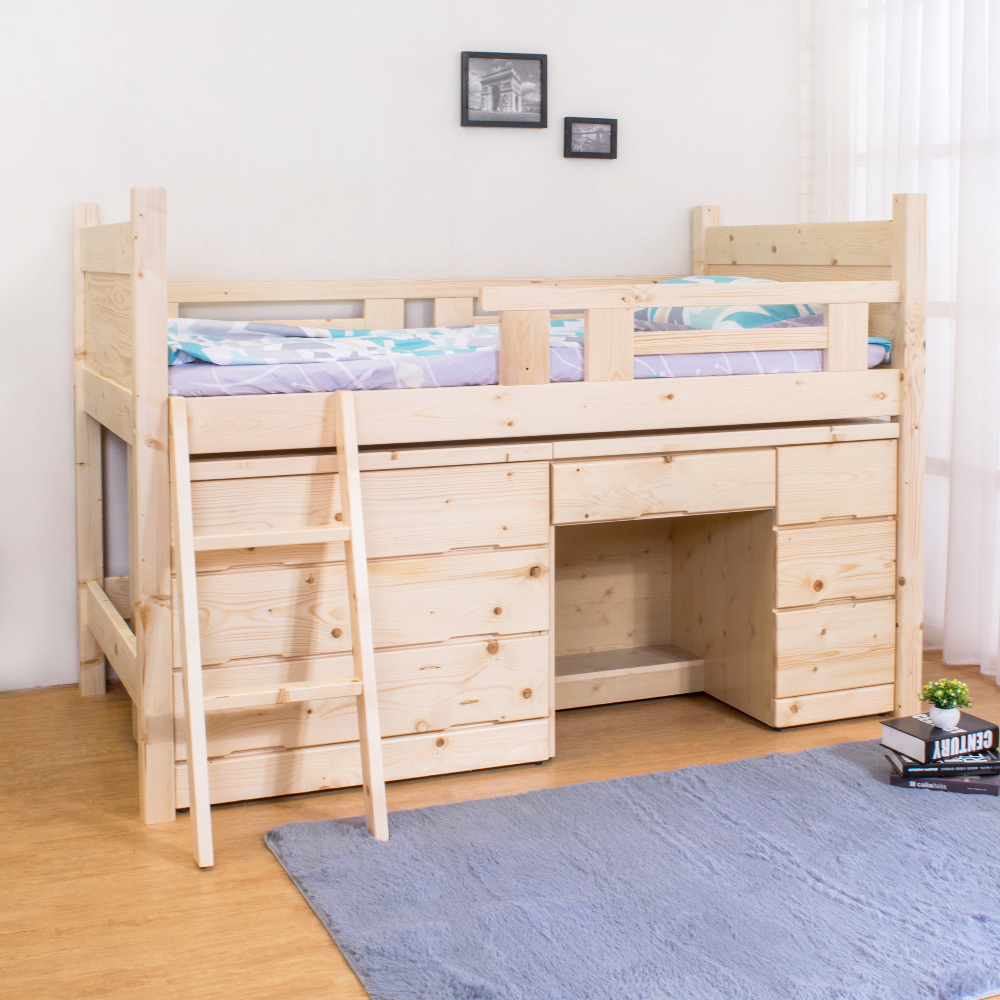 松木多功能雙層/高層床組(床架+斗櫃+書桌)