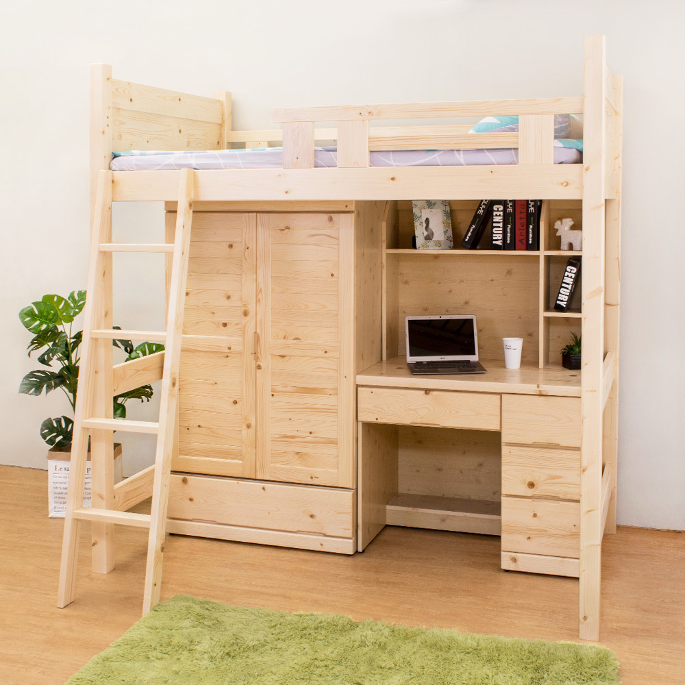松木多功能雙層/高層床組(床架+書桌+衣櫃)