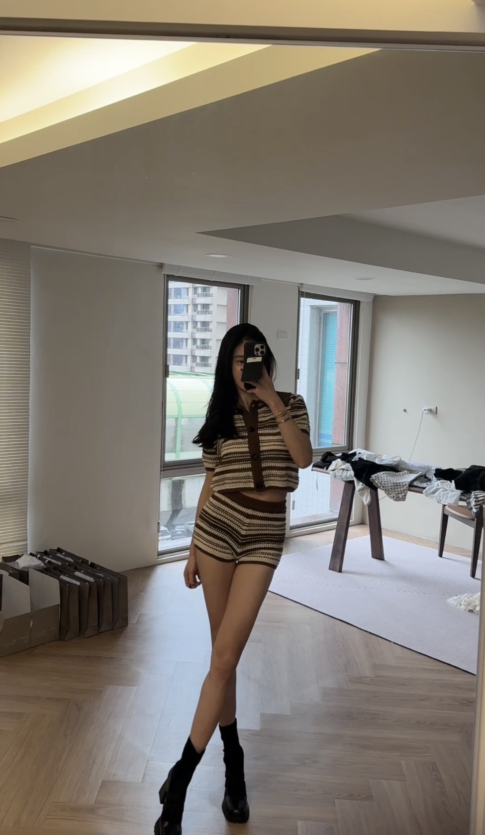 復古翻領條紋粗針織套裝*現貨