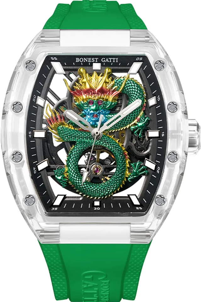 萬年鐘錶 - BONEST GATTI Watch | 布加迪 寶加地 | 腕錶  晶鑽祥龍｜青龍款  機械鏤空機芯男錶 BG9980-A4  錶徑 45MM
