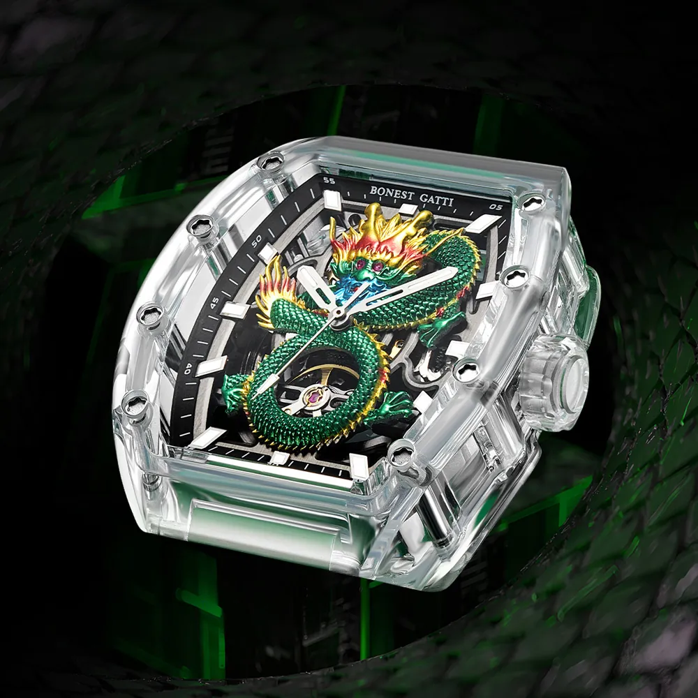 萬年鐘錶 - BONEST GATTI Watch | 布加迪 寶加地 | 腕錶  晶鑽祥龍｜青龍款  機械鏤空機芯男錶 BG9980-A4  錶徑 45MM