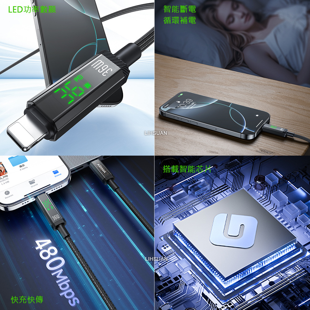 AIDOGA 艾迪伽 三合一  PD/Lightning/Type-C/iPhone智能斷電數顯補電充電傳輸線 鎧甲 1.2M