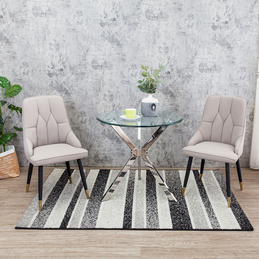 海肯2.6尺玻璃圓型餐桌/洽談桌+奧瑞工業風米色耐刮皮革餐椅(一桌二椅)