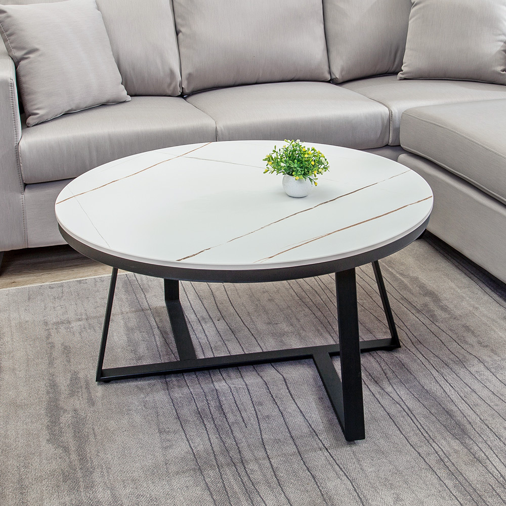 賽瓦2.7尺工業風白色岩板圓型大茶几