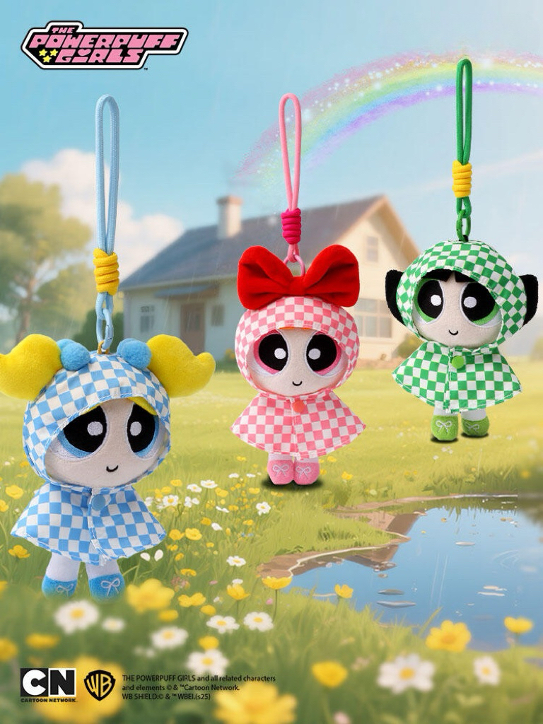 華納正版授權 飛天小女警 格紋雨衣毛絨吊飾 鑰匙圈 雨衣可拆 娃娃 花花 泡泡 毛毛 (任買兩件711免運)/預購