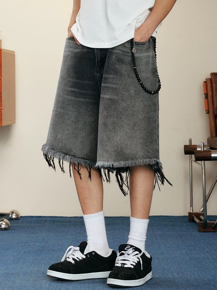 MEDM 水洗牛仔 褲口破壞不收邊 闊腿 七分褲