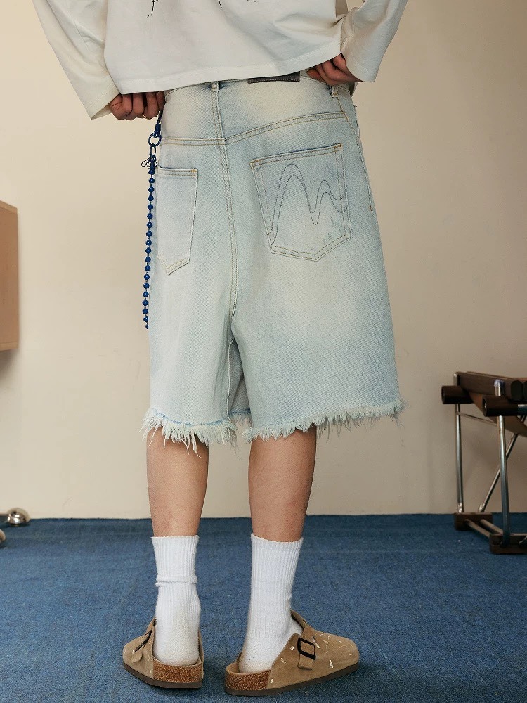 MEDM 水洗牛仔 褲口破壞不收邊 闊腿 七分褲