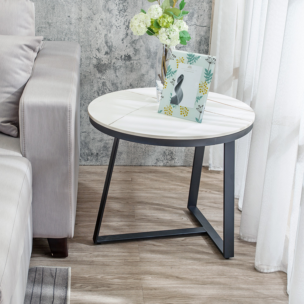 賽瓦2尺工業風白色岩板圓型小茶几/邊几/邊桌