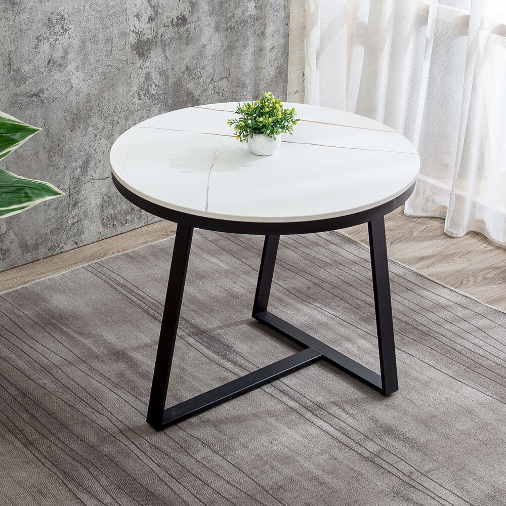 賽瓦2尺工業風白色岩板圓型小茶几/邊几/邊桌