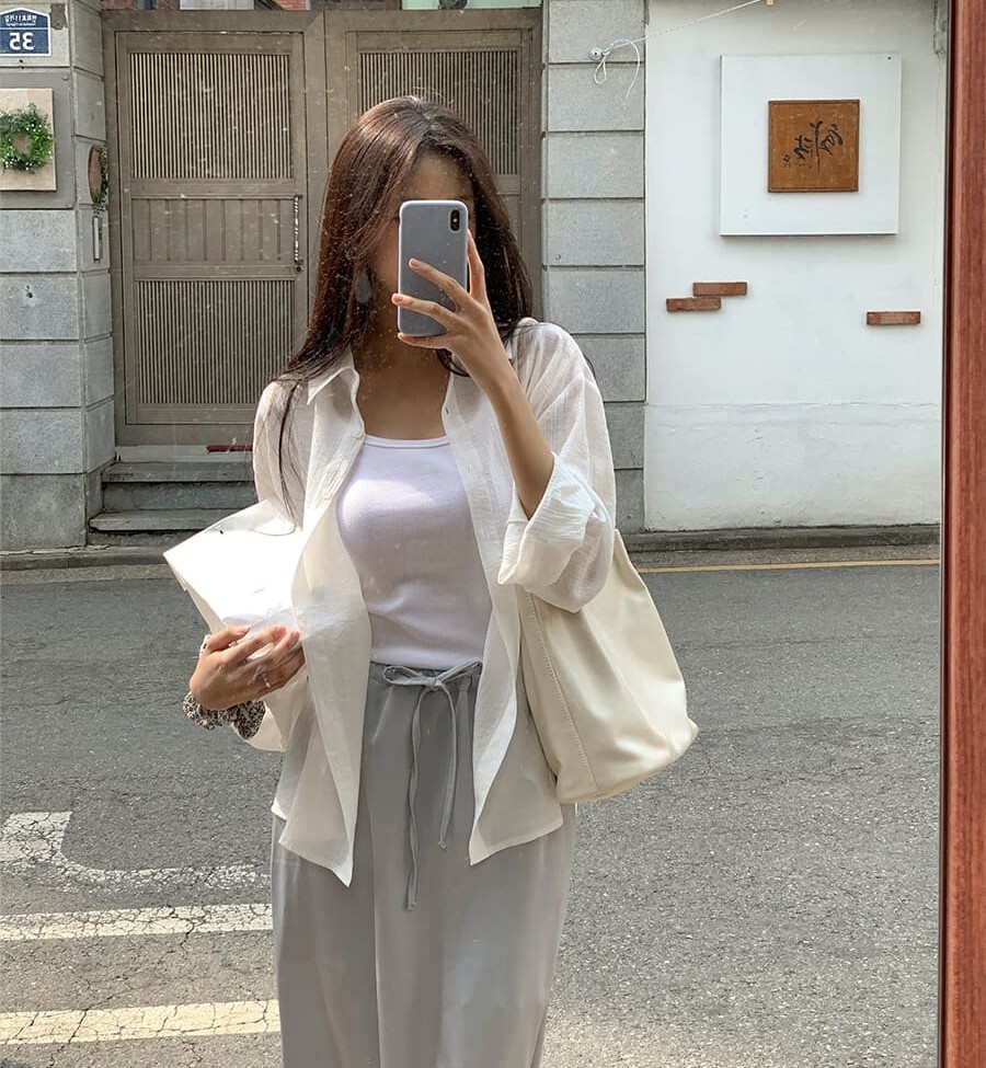 韓國Cherrykoko授權 輕盈薄透紋理設計夏日落肩襯衫