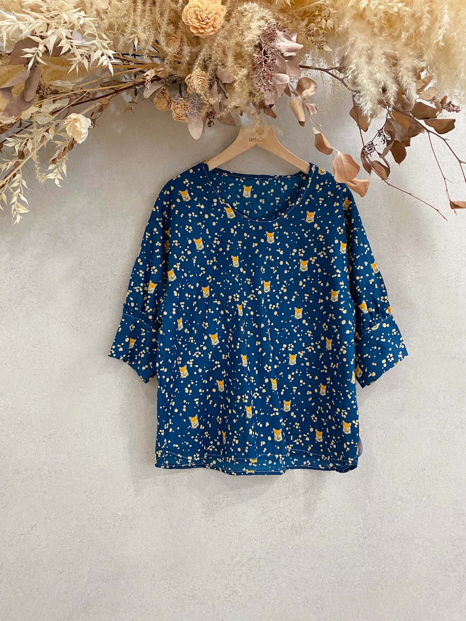 古家藍底狐狸 媽咪小清新上衣(長版)