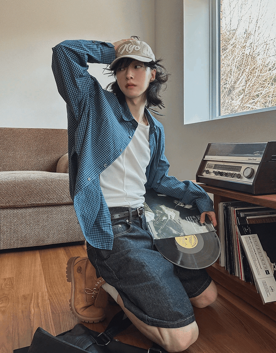 佛羅倫斯側抽皺格紋長袖襯衫