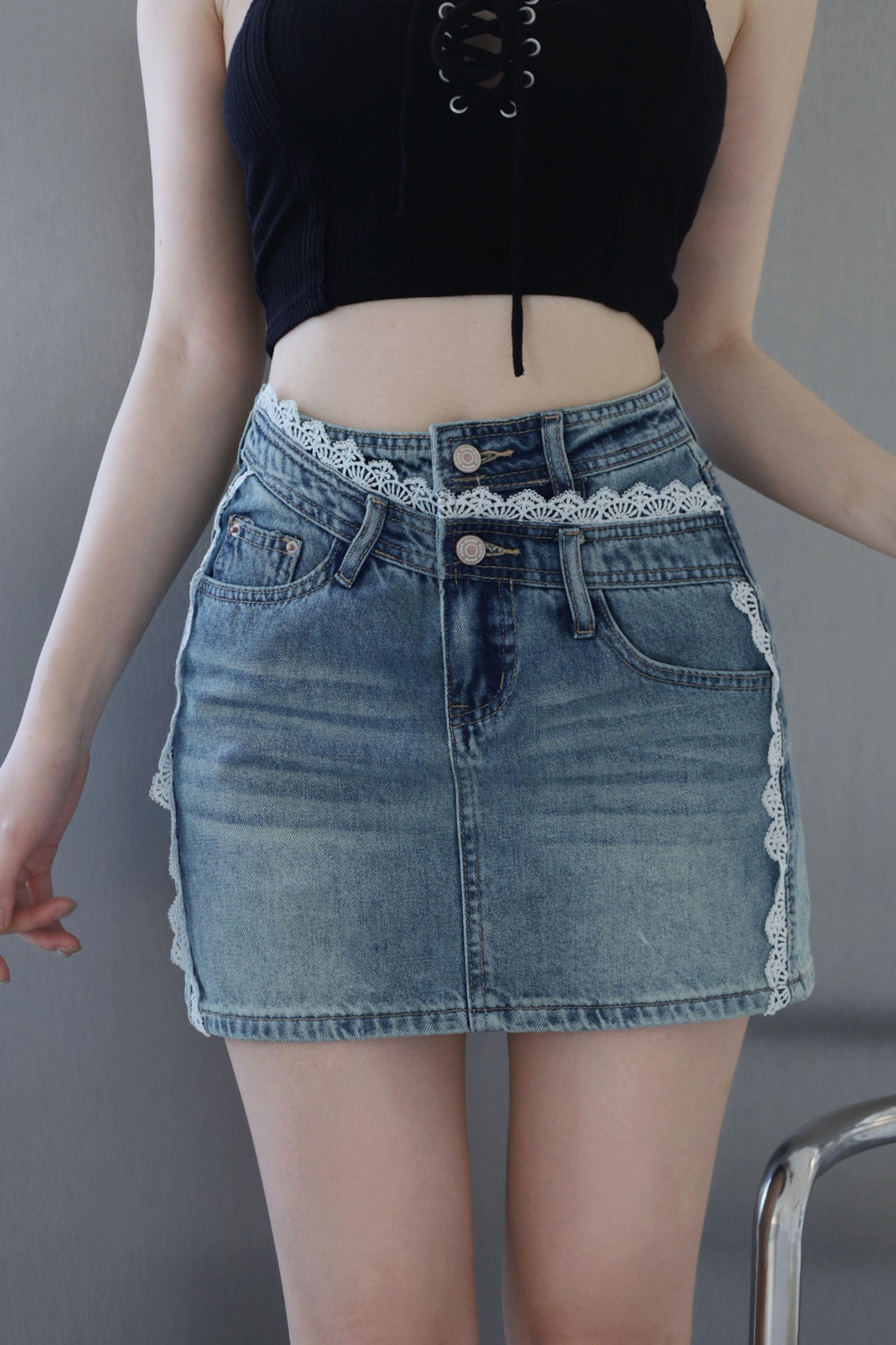 蕾絲斜褲頭牛仔短裙