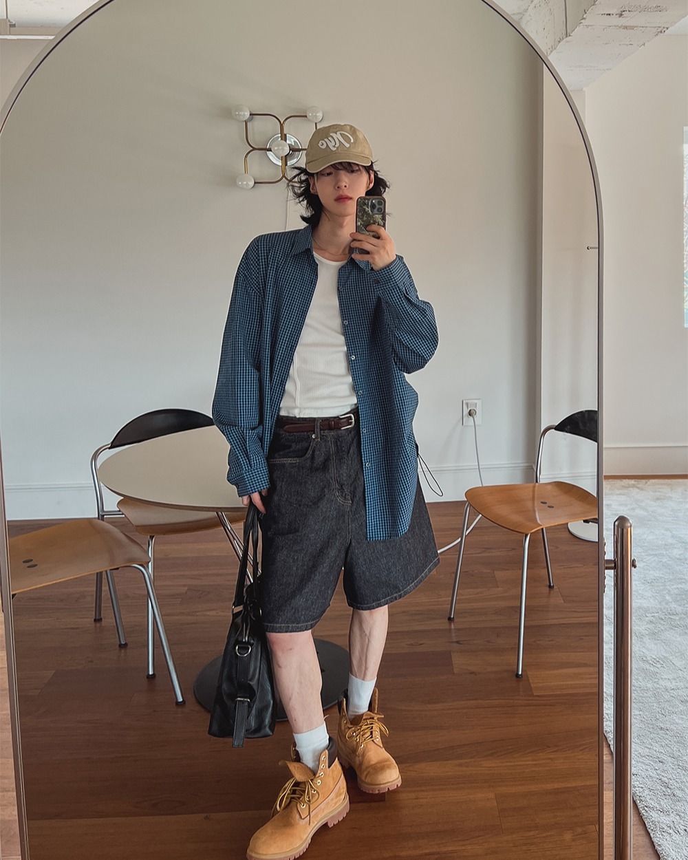 佛羅倫斯側抽皺格紋長袖襯衫