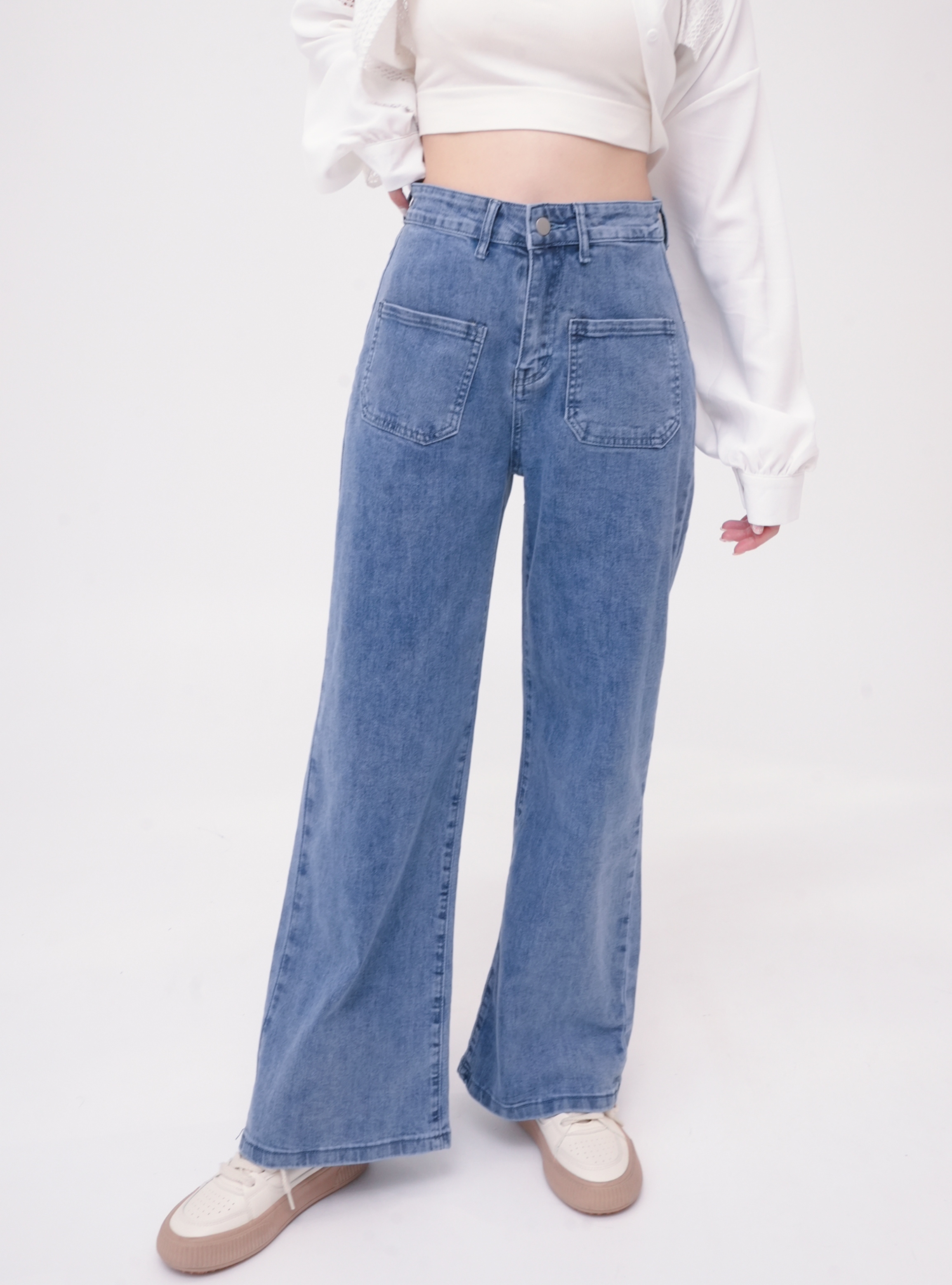 法朵Fado Shop｜ 前口袋彈力牛仔寬長褲 254C017 深藍/淺藍 S~XL