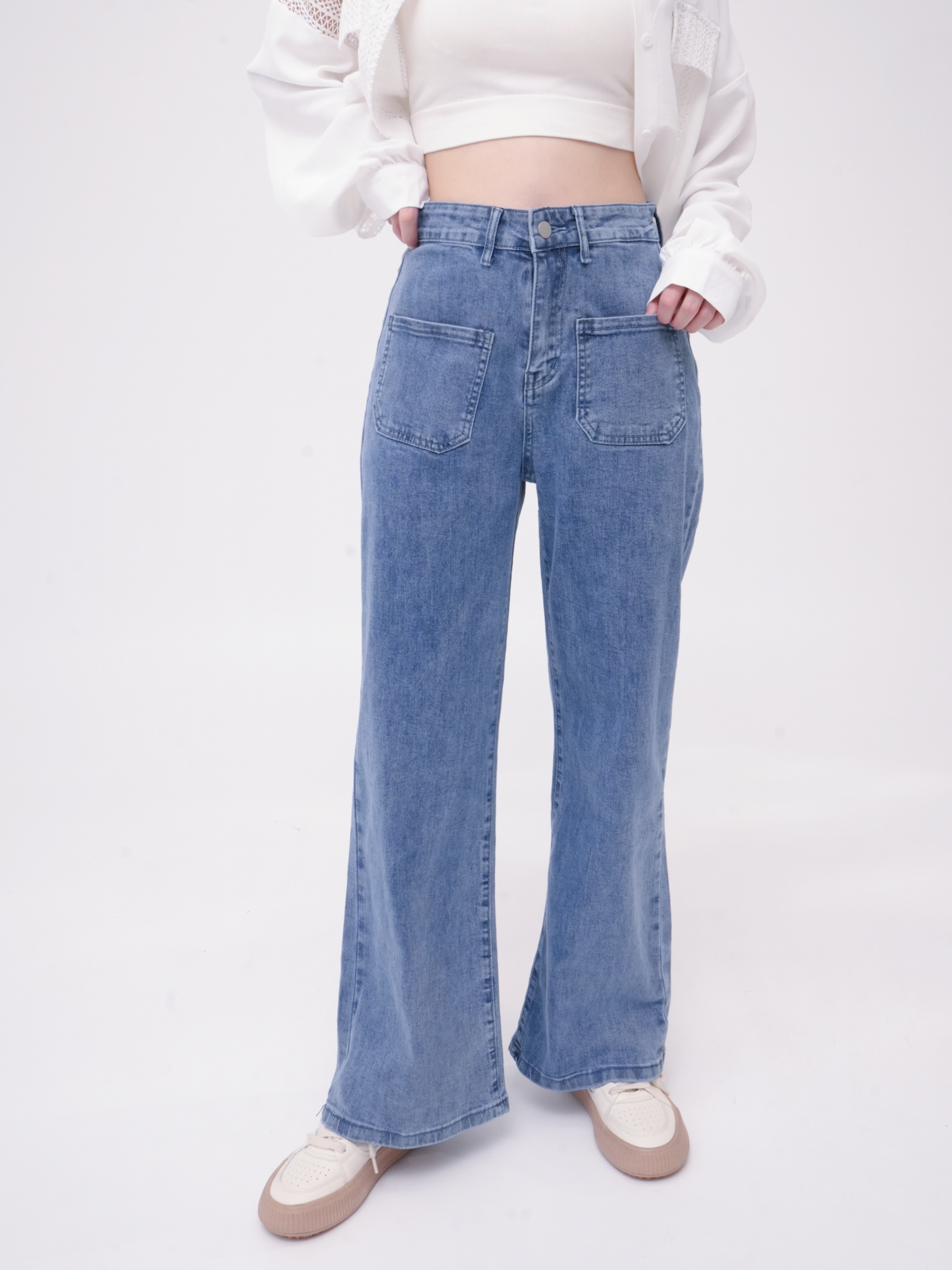 法朵Fado Shop｜ 前口袋彈力牛仔寬長褲 254C017 深藍/淺藍 S~XL