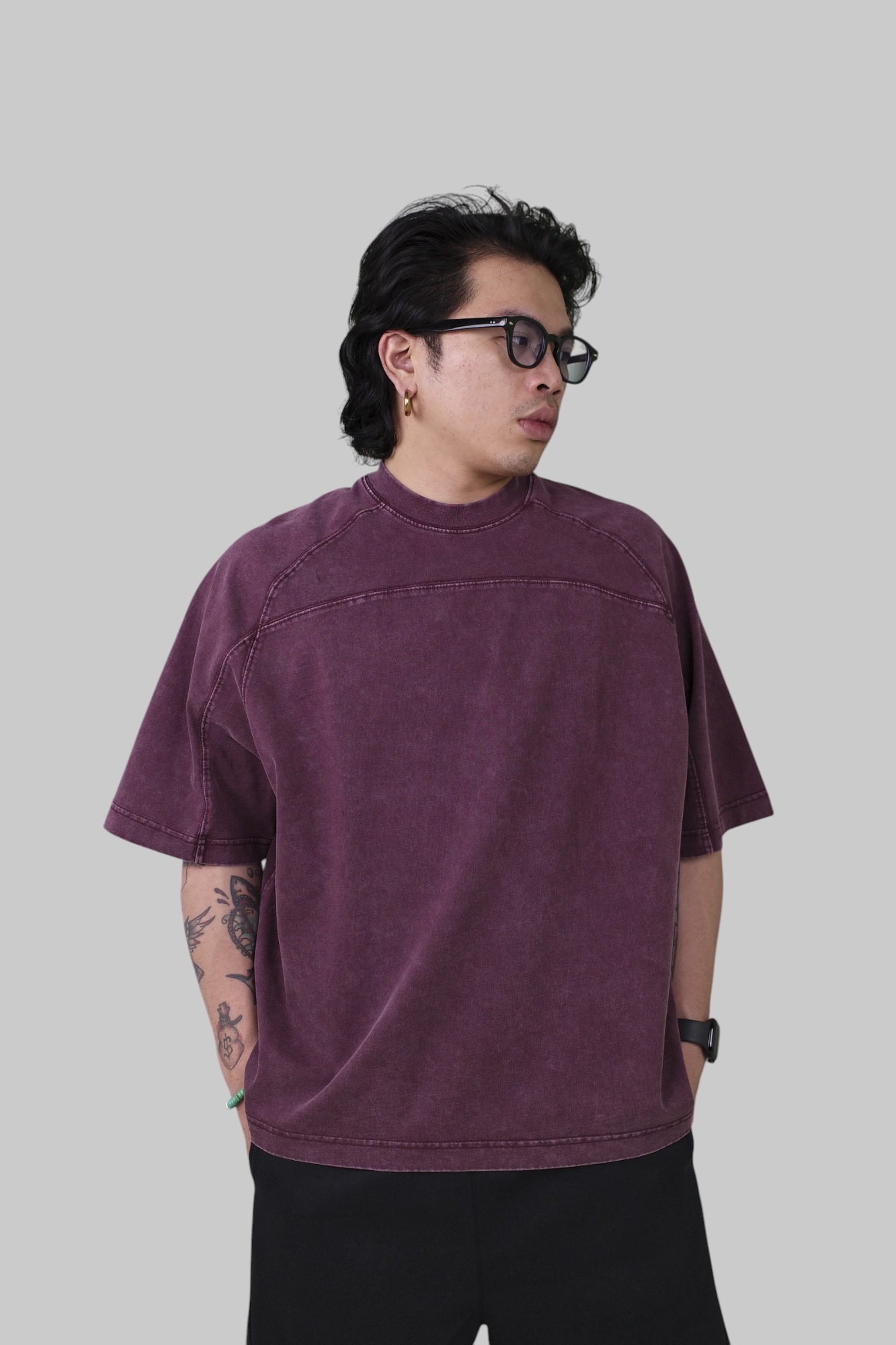 『Always_Good』蠟染 前後拼接 落肩 純色 短版 短T