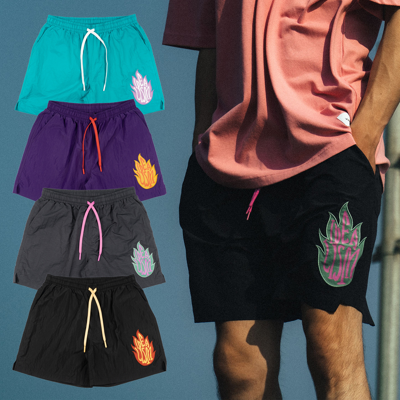 idealism Patch Shorts 翠綠 深灰 紫色 黑色 貼圖海灘褲【ID25010】