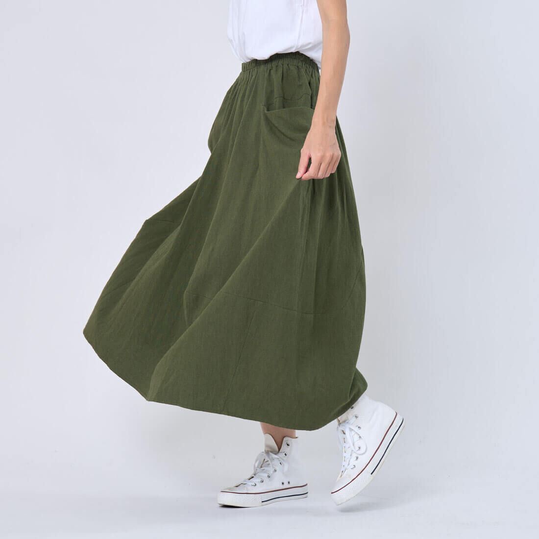 Forest大口袋寬擺長裙/松葉綠