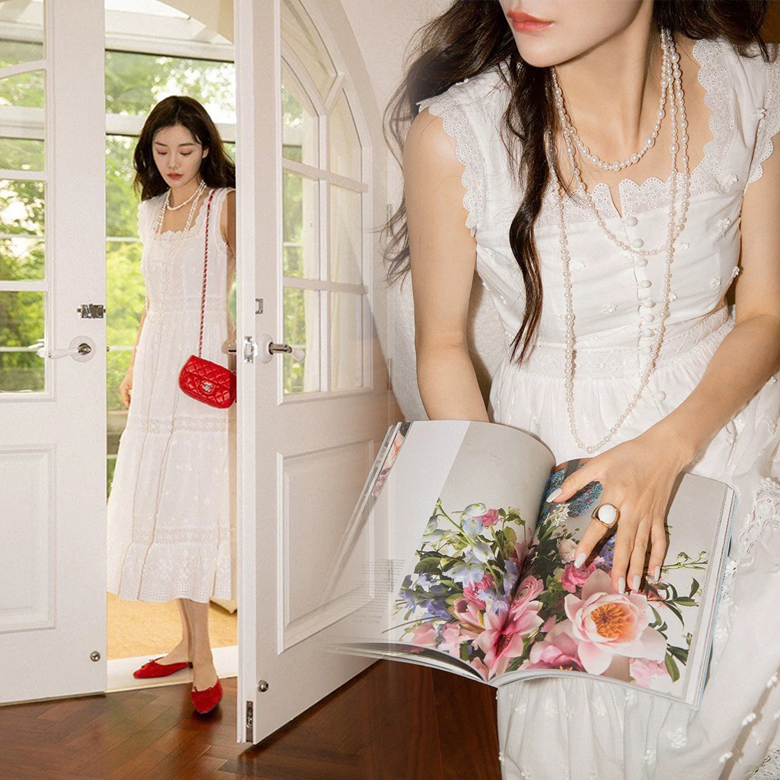 雲朵白復古蕾絲寬肩帶方領蕾絲長洋裝XS-L (Elegant & Love)