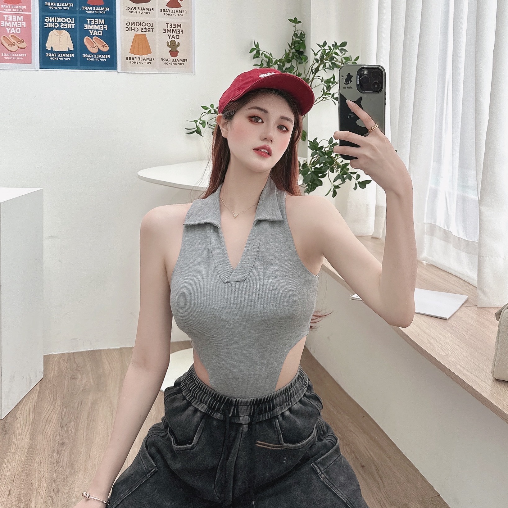 小鐵牌翻領胸墊連體衣/二色