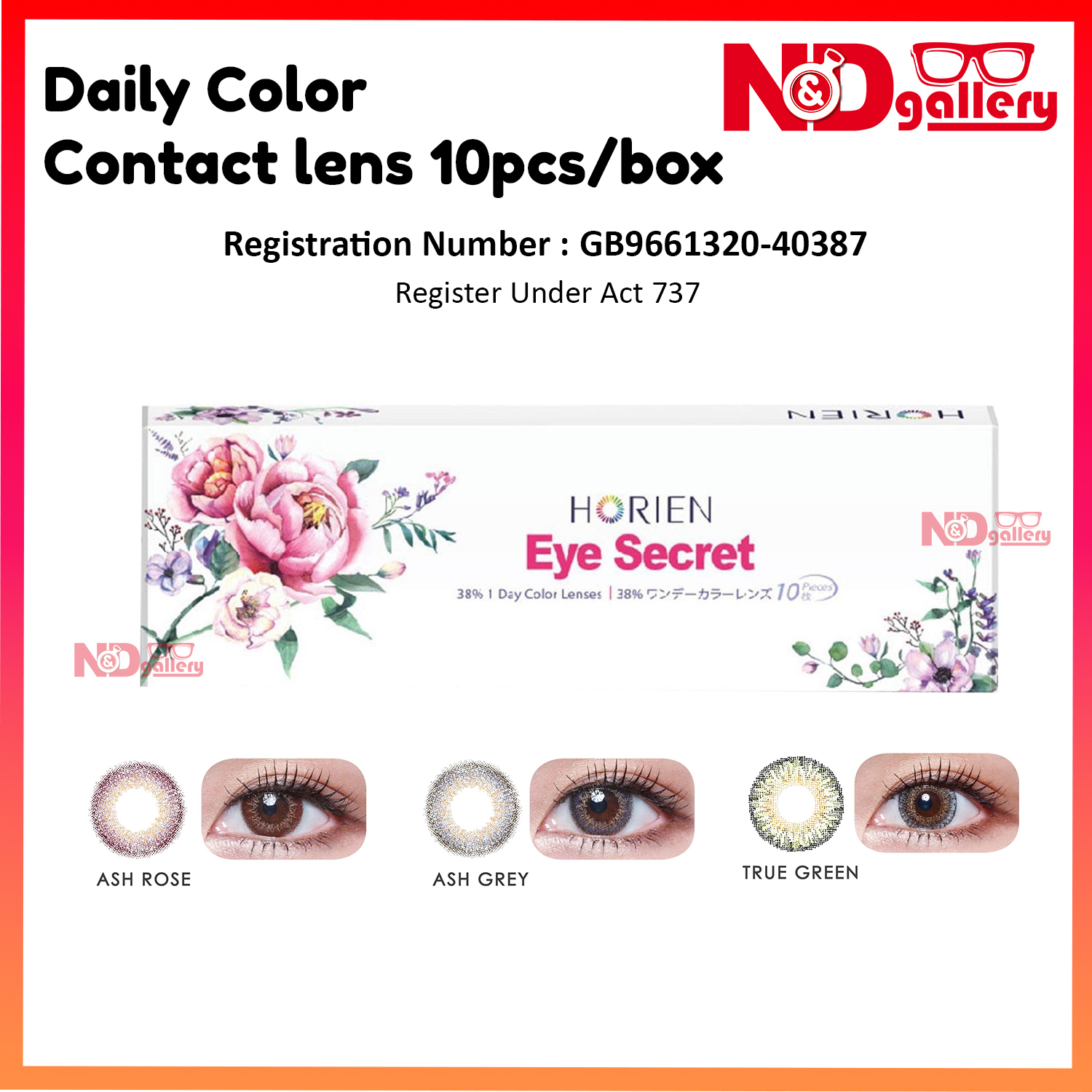 Horien 38% Daily Color Contact Lens 10pcs/Box 0.00 to -8.00DS (True Green , Ash Grey , Ash Rose)