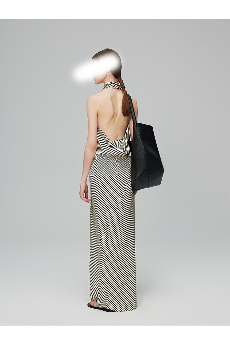 真絲線條印花 彈性繞脖上衣+一片裙(2件組)