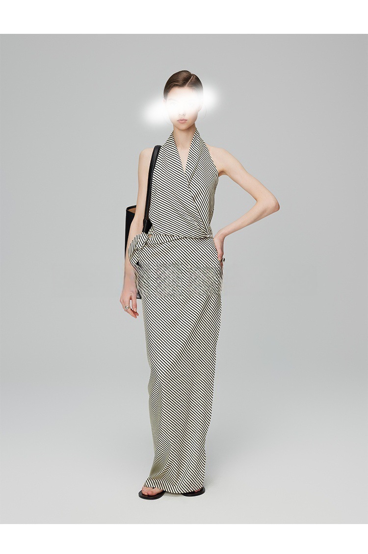 真絲線條印花 彈性繞脖上衣+一片裙(2件組)