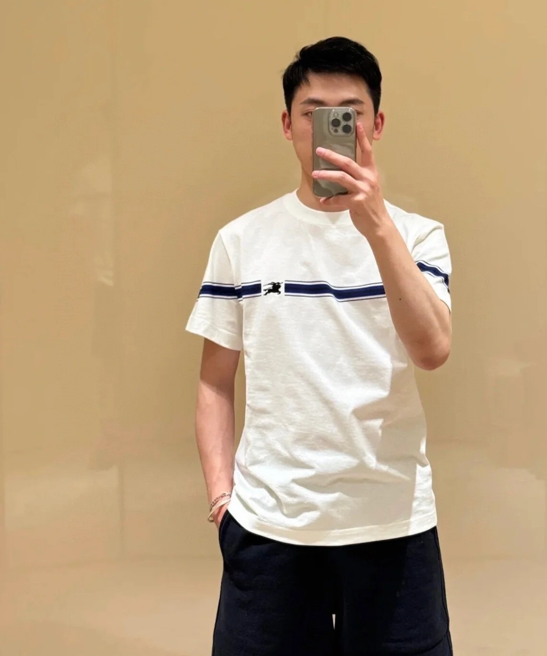 BBR 白色/黑色 間條帶併戰馬 Logo Tee