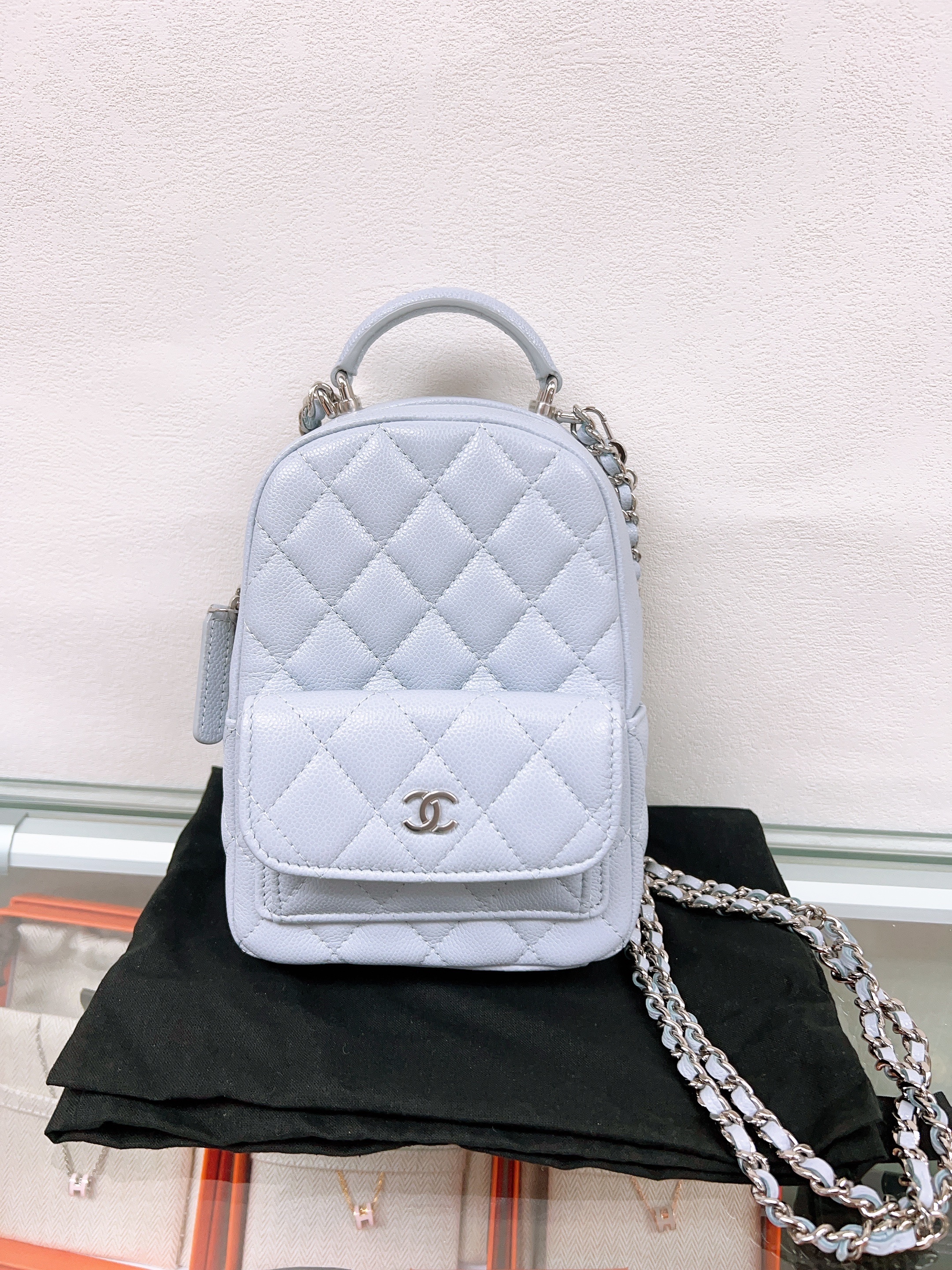 Chanel mini backpack (blue grey caviar)