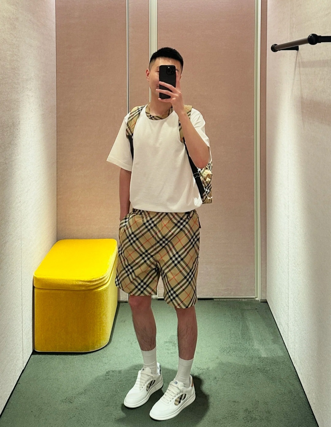 BBR 卡其色斜格仔 短褲