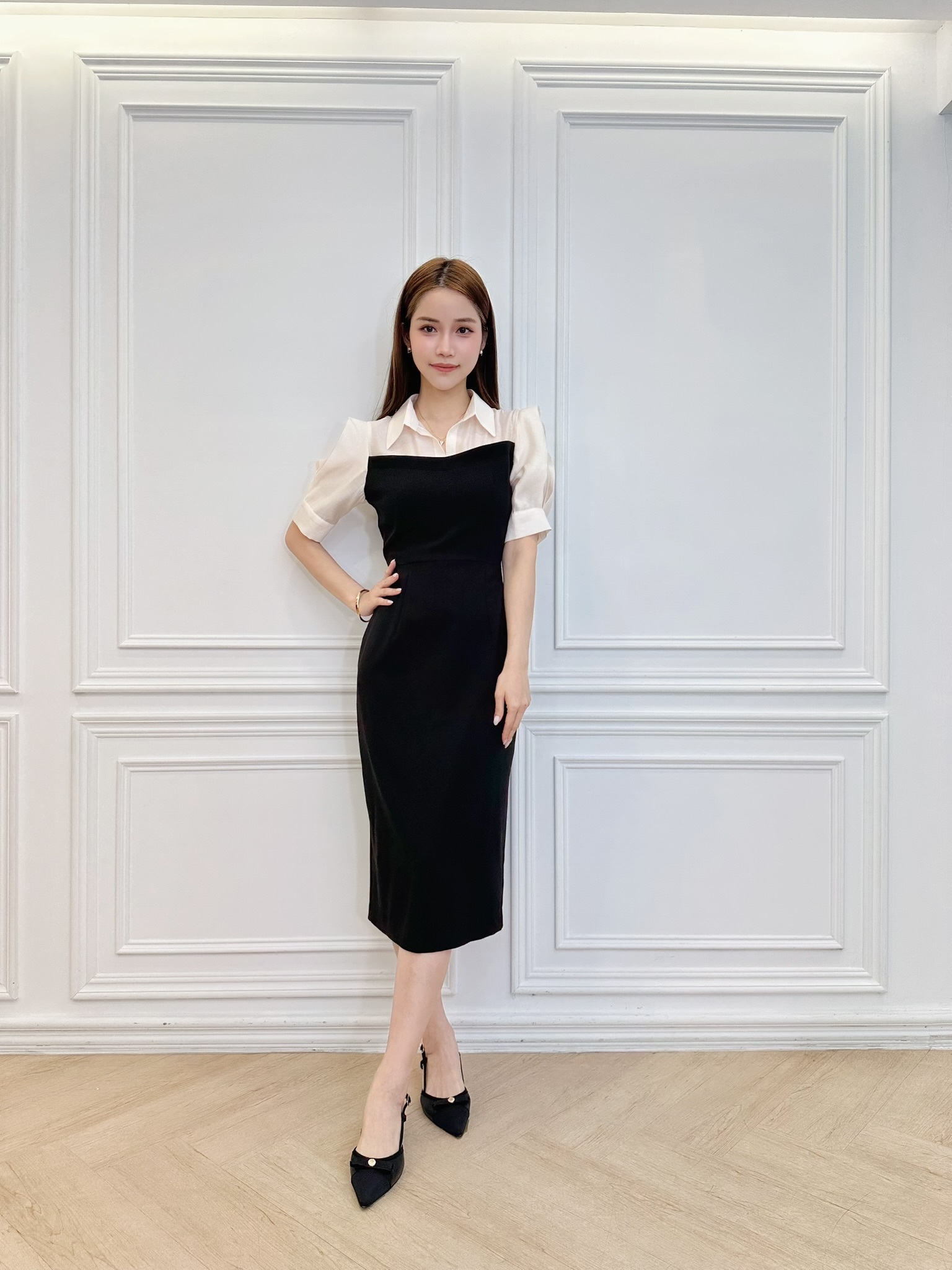 短澎袖襯衫拼接洋