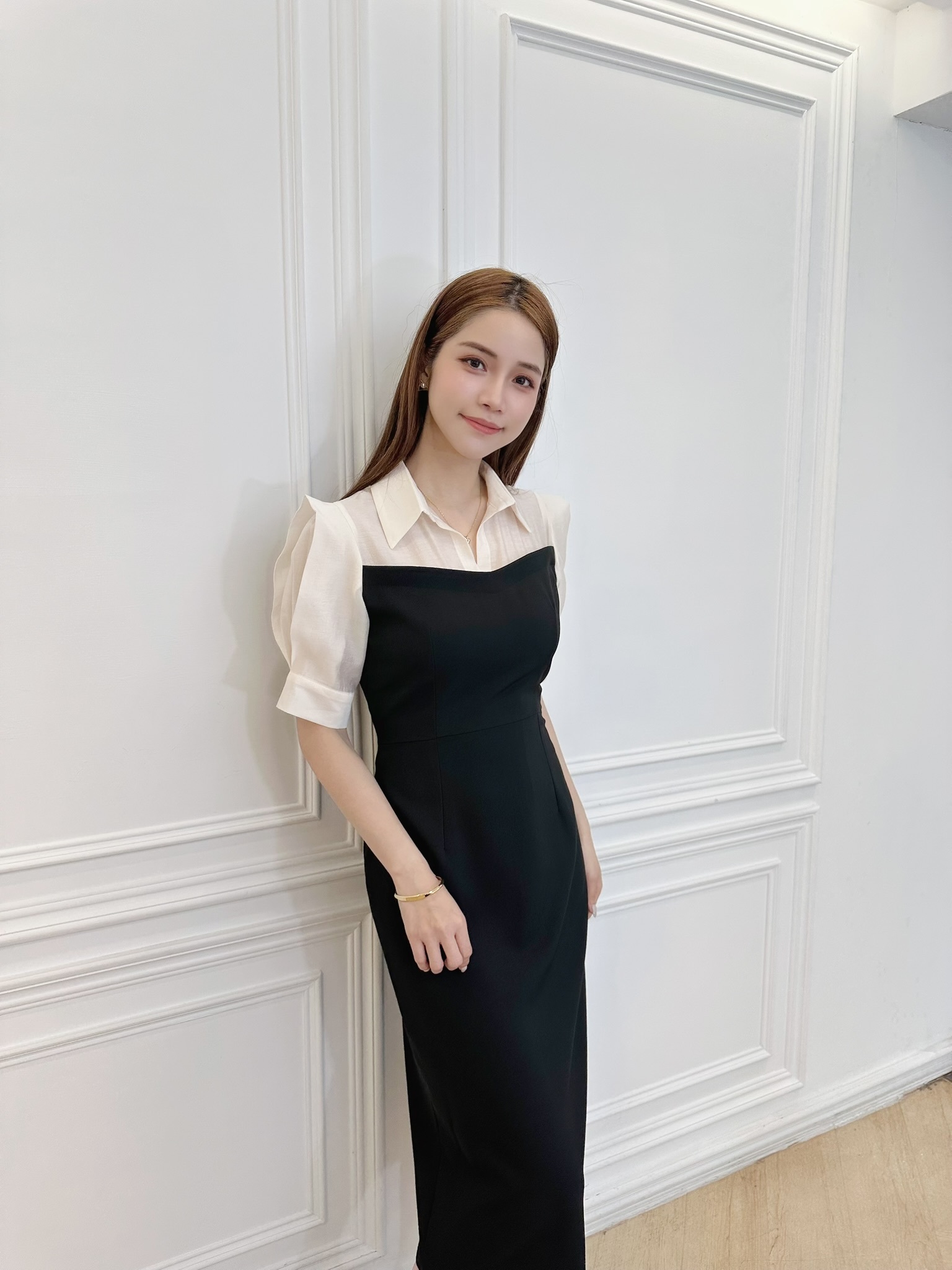 短澎袖襯衫拼接洋