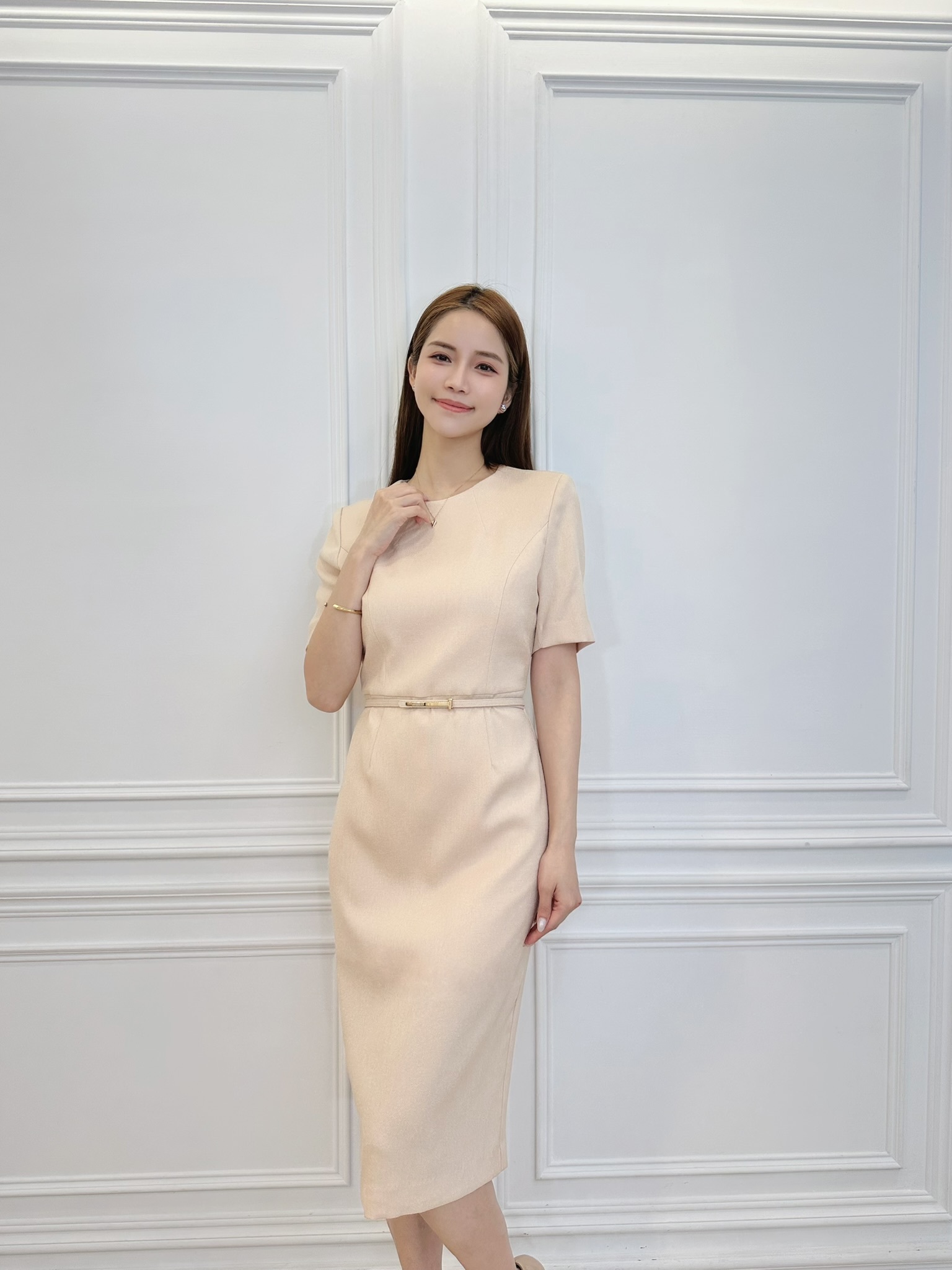 短袖織紋金腰帶洋裝