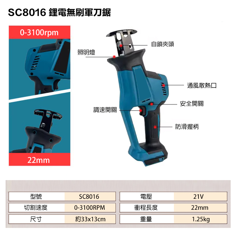 附發票｜SC8016｜鋰電無刷軍刀鋸 木工切斷機 鏈鋸機 切割機 通用牧田18V 軍刀鋸 無刷 電鋸