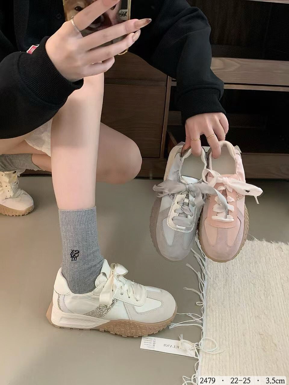 2479-韓國真皮拼接亮片休閒鞋