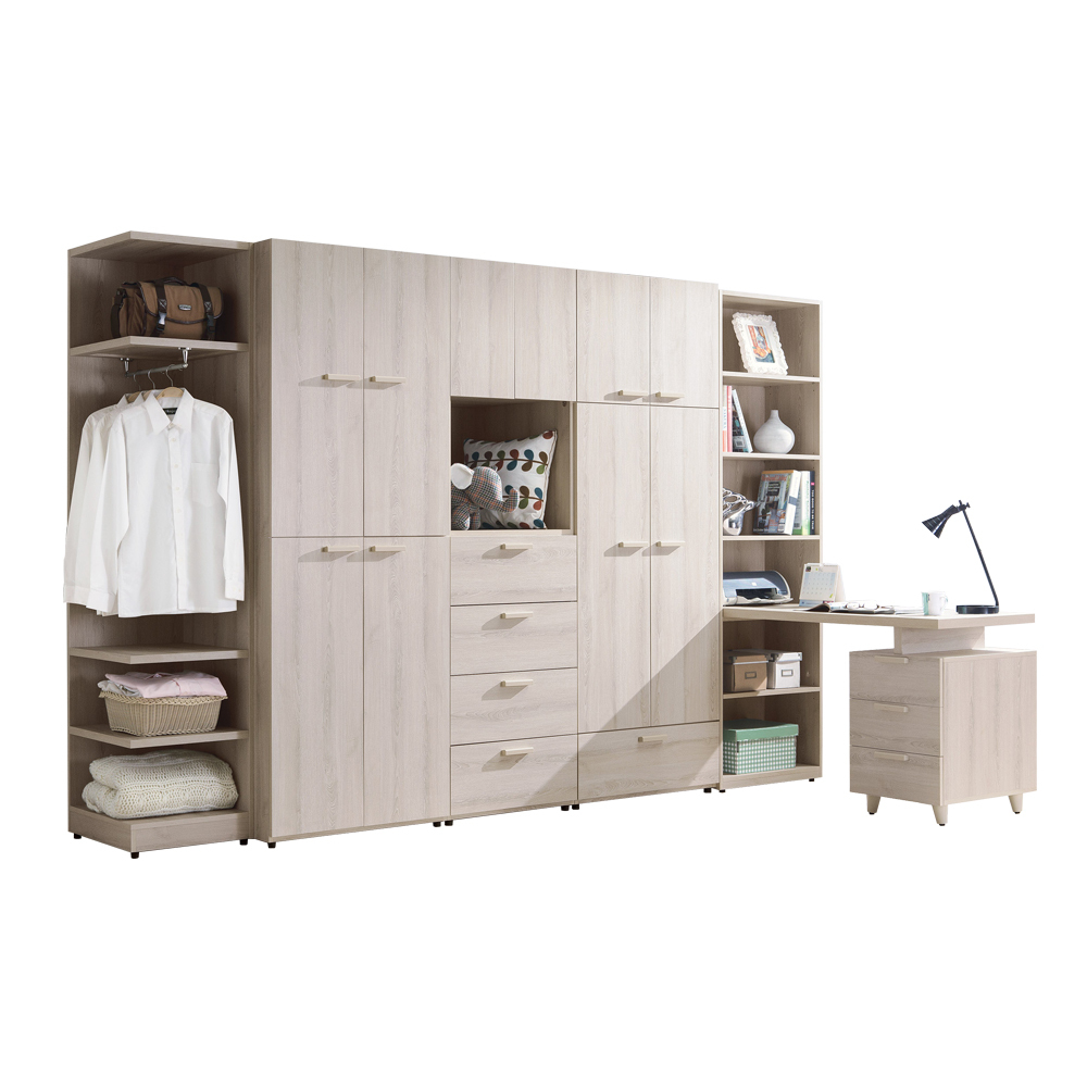 珊迪10.6尺北歐風多功能收納書桌衣櫃組合(開門+開放式+書桌)