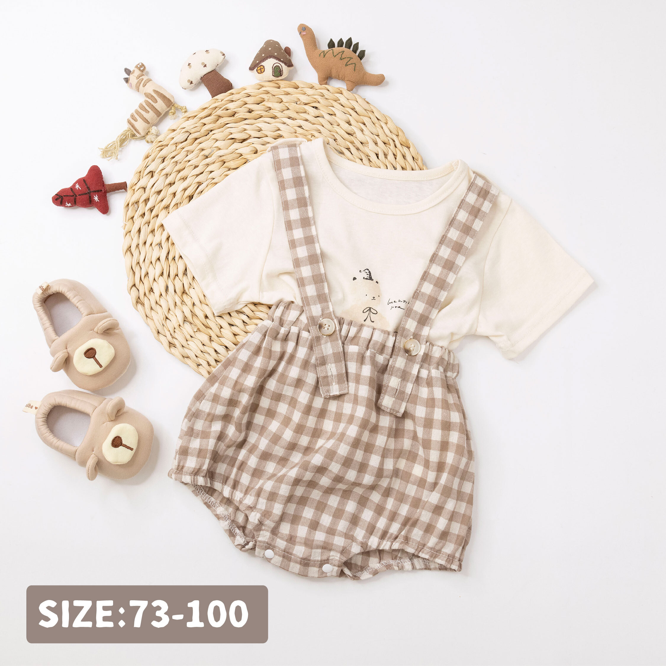 【JG0476】晚安泰迪熊格紋吊帶包屁套裝