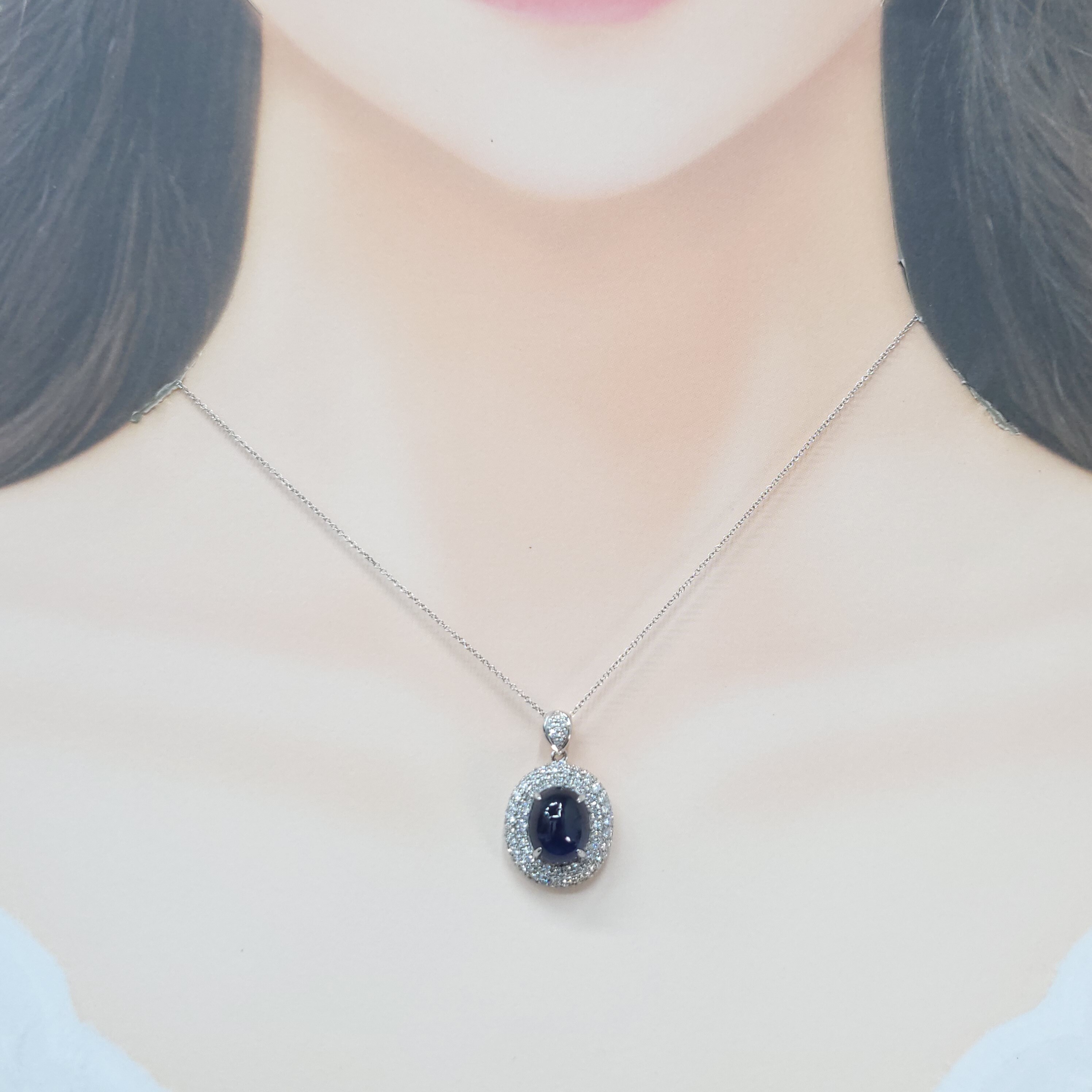 全新18K白金【單粒5卡34份藍寶石】配81份鑽石吊墜