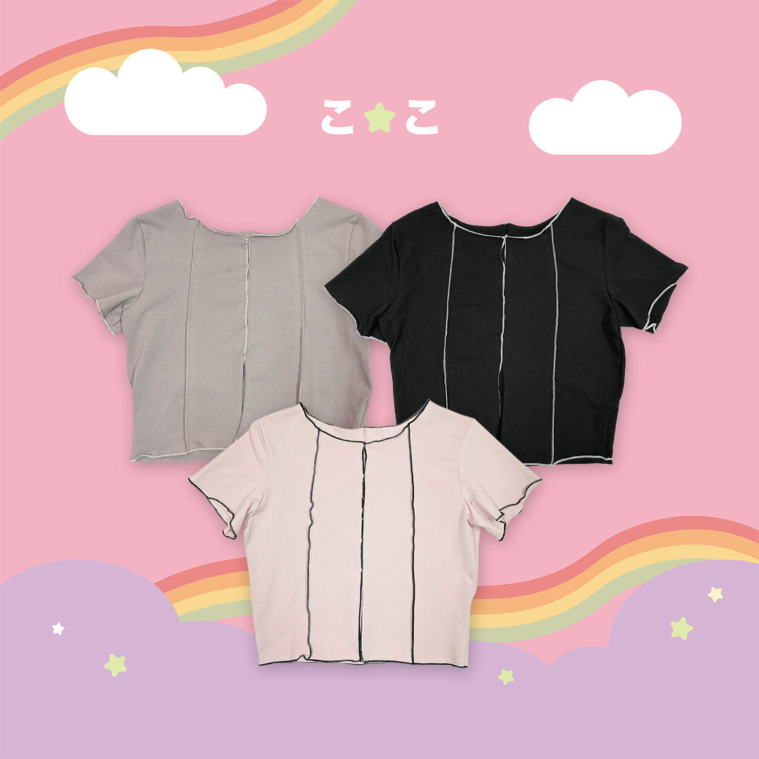 こ♡こ 木耳捲邊車線撞色簍空上衣